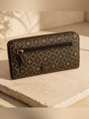 Fossil Brown Monogram Zip Around Wallet
